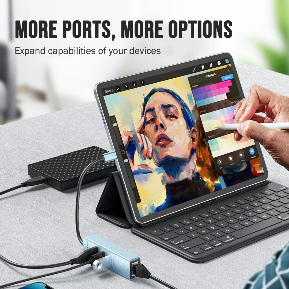 Lemorele USB Hub USB Adapter 4-in-1 USB+RJ45 LAN Network Port for Laptop Grey