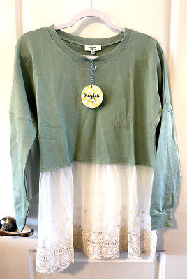 NWT Hayden Los Angeles Layered Cotton/Lace Sage Green Cream Size M Babydoll top