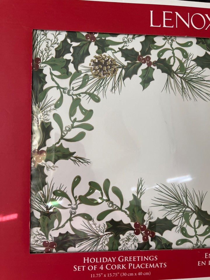 Lenox Set of 4 High Quality Hardboard Cork Placemats Holly Berries