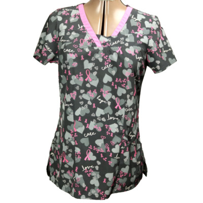 Heartsoul Heart Print Scrub Top Breast Cancer Hope Cure Care Love Dark Gray S
