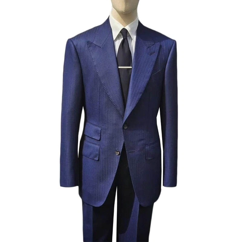 Trajes de espiga azul para hombre 2 piezas trajes de solapa ancha de ajuste regular 42r 44r 46r 48r Foto 2 de 4