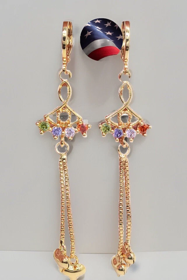 Висячие серьги-капли с радужным топазом и золотыми пухлыми сердечками и кисточками 14 карат GF - Изображение 4 из 4