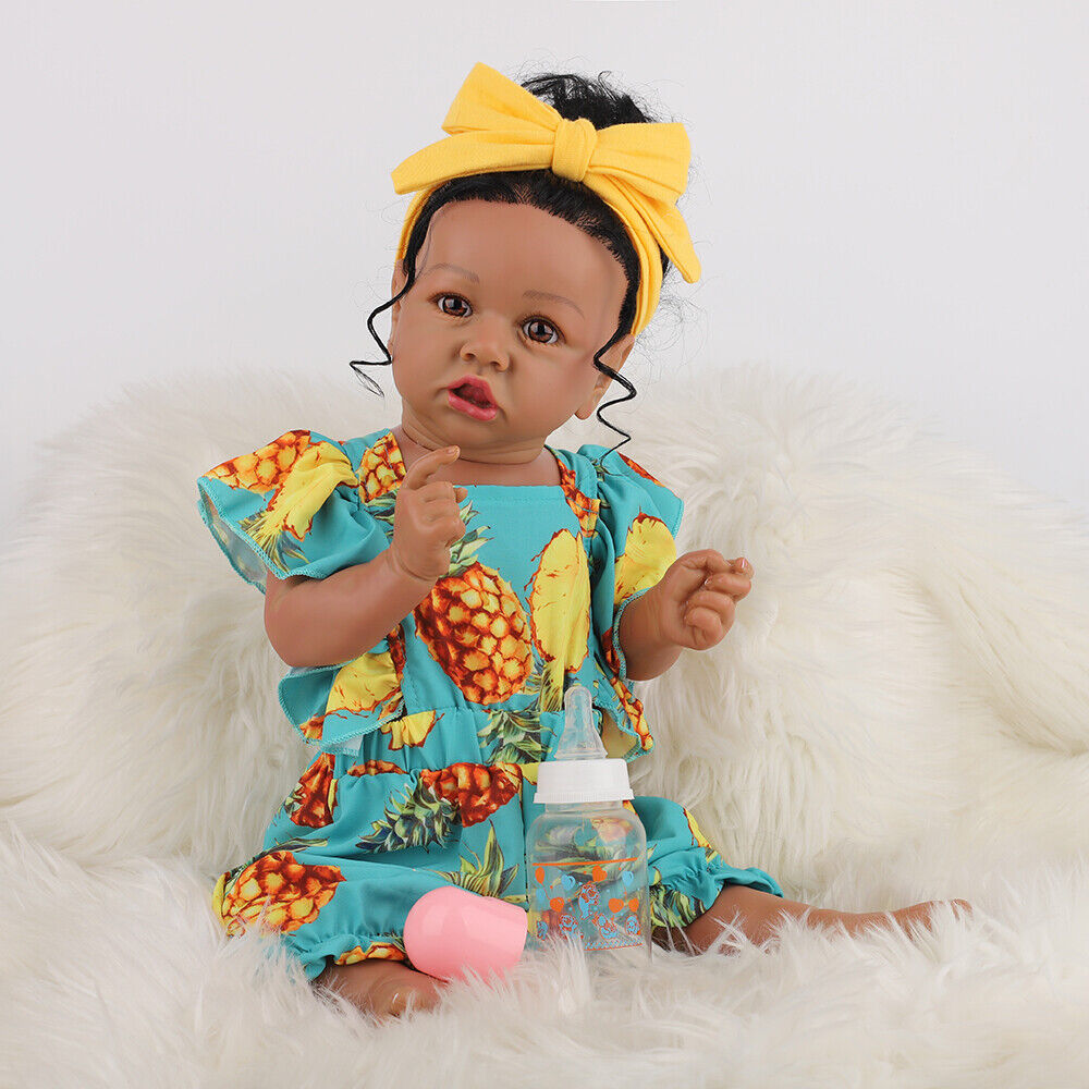 22'' Reborn Baby Girl Doll Full Body Vinyl Silicone African American Black  Bath