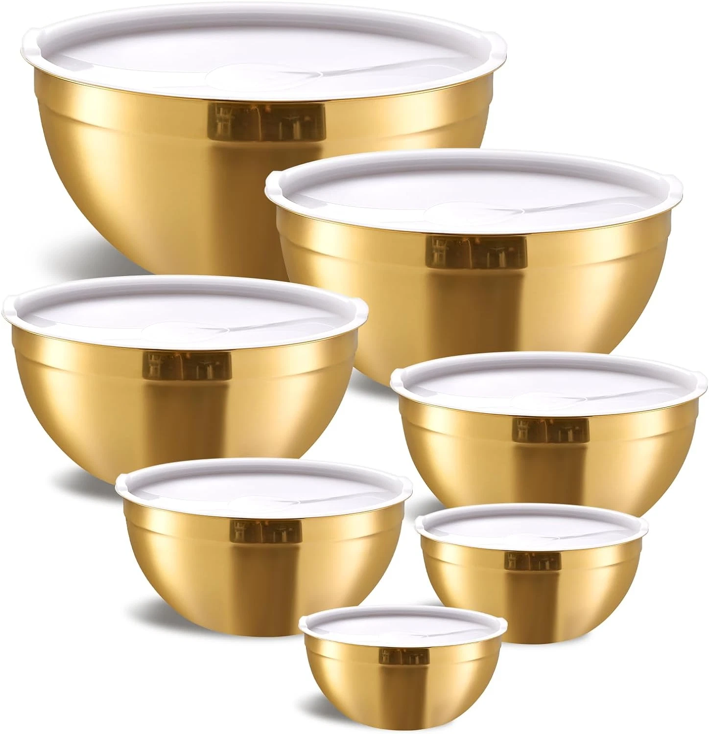 Gold Stainless Steel Mixing Bowls Set with Airtight Lids - 7 Nesting Sizes