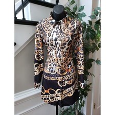 Womens Knee Length Shirt Dress Small Multi Leopard Print Collared Button Front