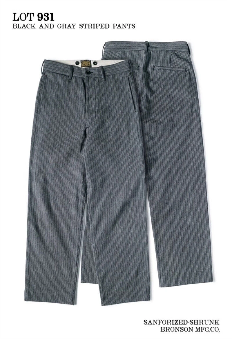 Bronson Vintage Black & Grey Striped Pants Men Suit Trousers Cotton Casual Pants - Picture 18 of 23