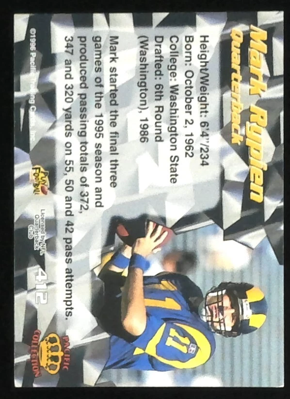 1996 Pacific Mark Rypien #412 FOOTBALL St. Louis Rams Blue - Image 2 of 2