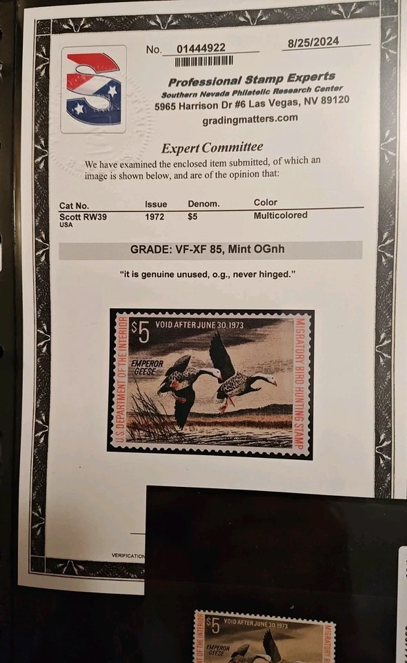 Certified PSE - #RW39 1972 - US Federal Duck Stamp - Mint OG NH **WELL CENTERED* - Image 2 of 4
