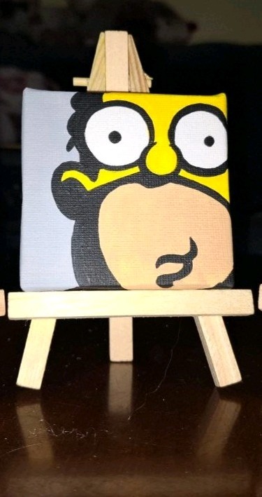Tela 7x7cm con cavalletto dipinta a mano e confezione regalo Homer Simpson