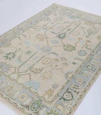 Hand Knotted Oushak Wool Rug: Modern Turkish Ivory Area Rug