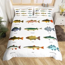 Bass Fish Bedding Set King Size Cabin Lake Fishing Bedding Duvet Cover Set fo...