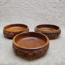 Set of 3 Hand Carved Wooden Bowls Unique 5.25 Diameter