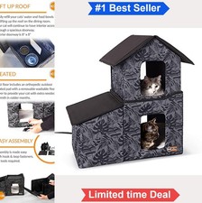 Heated Outdoor Cat House Two Story 27 Inch Gray Multi Room Shelter with Dining