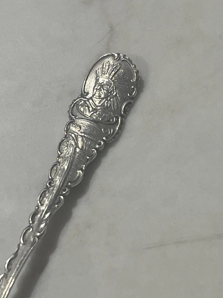 Cuchara de recuerdo con cabeza de indio nativo americano de plata esterlina Prescott Arizona 7G Foto 3 de 4