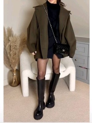ZARA  Cropped Wool Coat High Neck Olive Green Bloggers Fav XS-S