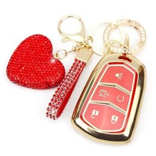 Key Fob Cover with Diamond Keychain Compatible with Cadillac Car Key Holder Red