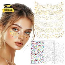 Glitter Freckles Face Tattoo, 6 Pcs Gold Face Glitter Sparkle Freckles with 3 Pc