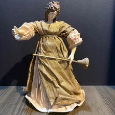 Vintage Paper Fabric Mache Angel Porcelain Face Christmas Tree Topper with Horn