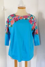 Quacker Factory Blue Floral Rhinestone Pullover ¾ Sleeve Cotton Top Size 1X