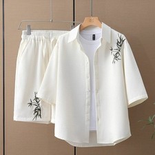 Mens Tracksuit 2-Piece Set Short Sleeve T Shirts Shorts Chinese Style Outfit Set