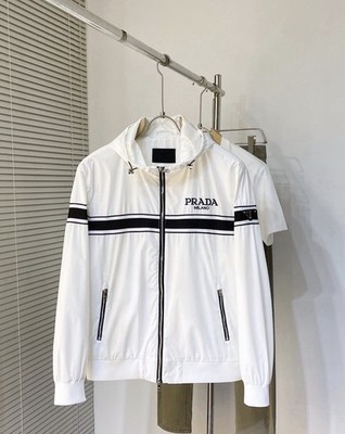 PRADA フード付きホワイトジャンパー最終値下げ Prada White Black Striped Hooded Zip Men's Mid-Length Windbreaker