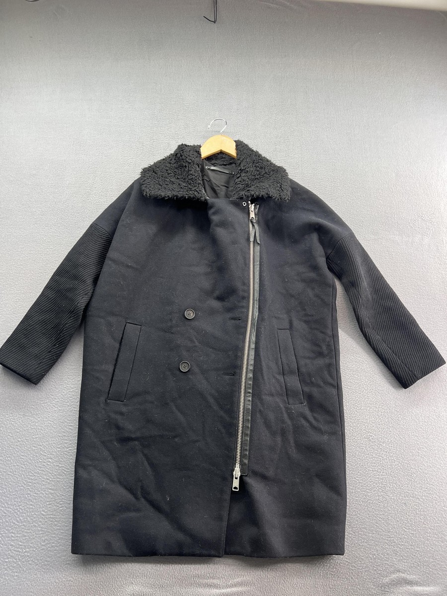 AllSaints Coat Womens Medium Black Haden Asym Zip Moto Wool Blend