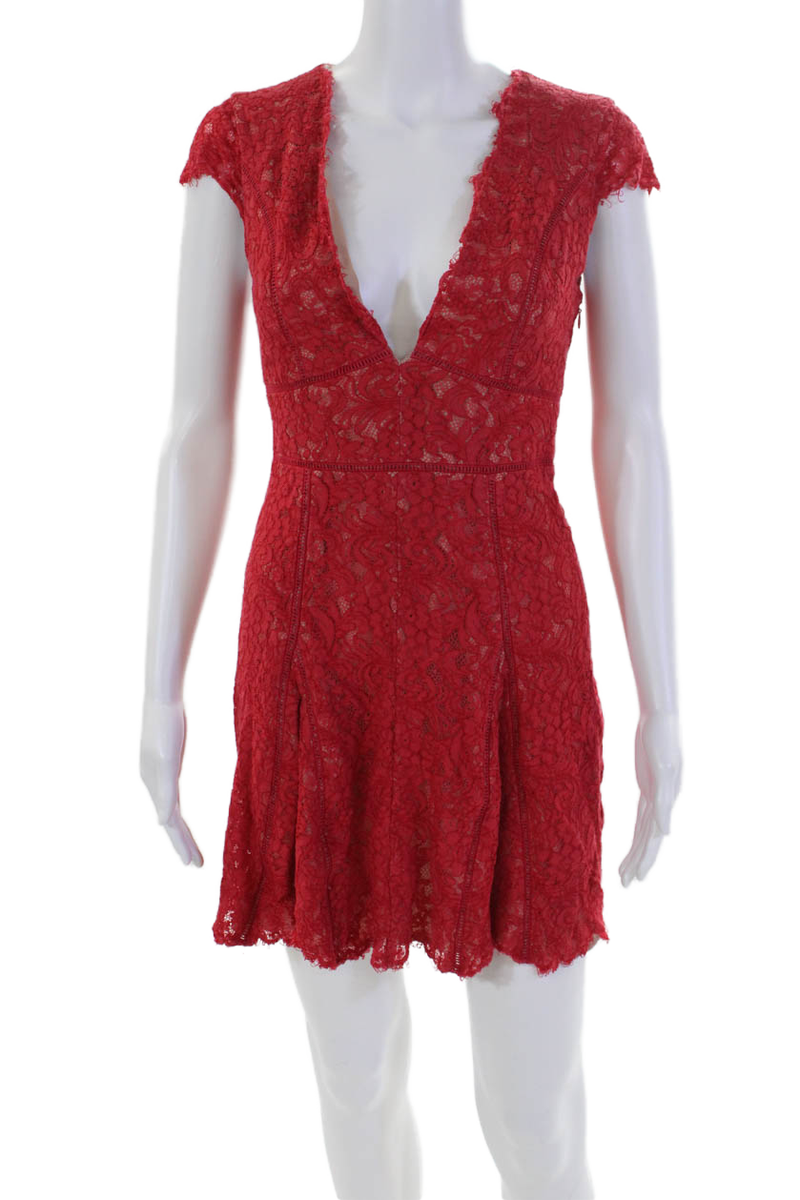 Style Stalker Womens Side Zip Cap Sleeve V Neck Lace Dress Red Size Small