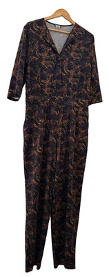 KIM & CO/SCHWARZER STRETCHIGER JERSEY-OVERALL MIT MEHRFARBIGEM DRUCK. 3/4 ÄRMEL/TASCHEN. GR L