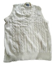 Mens Vintage Sweater Vest XL Grandpa Ivory Cream Cable Knit V-Neck Pullover