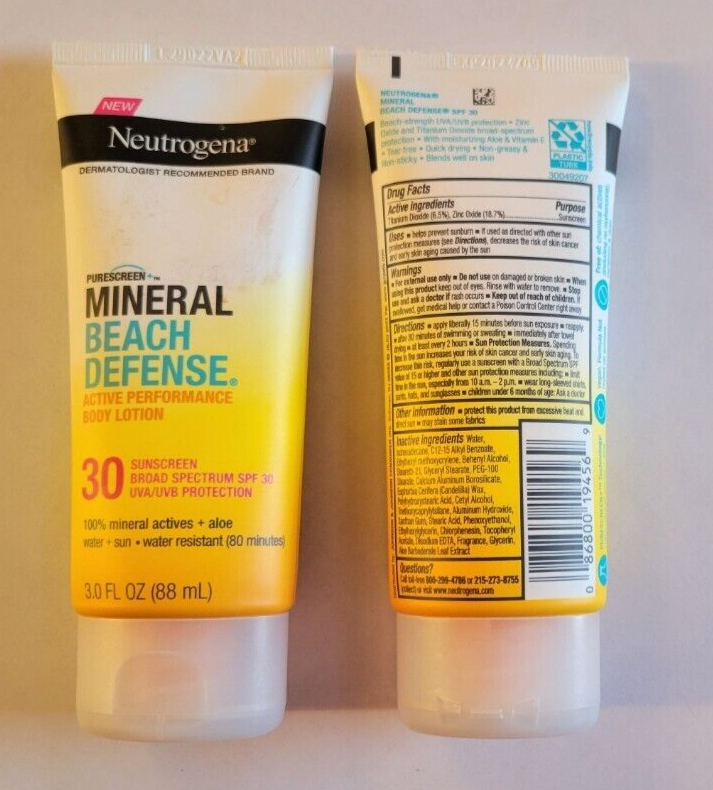 (2) Neutrogena ~ Mineral Beach Defense ~ Body Lotion SPF 30 3.0 oz ~ Exp 9/2024