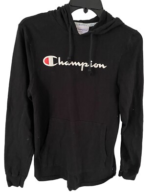 Champion Black Cotton Jersey Large Logo Hoodie Pullover Front Pocket S