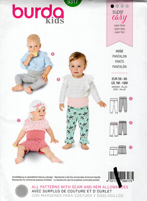 Burda 9317 Baby's Pants w Leg Bands or Frills, High Waist Shorts Sz 1M-18M UNCUT