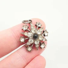 Antique Victorian Solid Silver Diamond Paste Star Pendant Necklace Onyx Gemstone