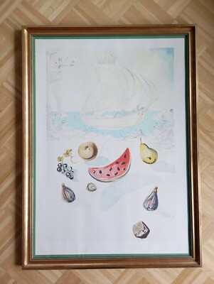 Salvador Dali Schiff und Früchte Lithographie  gerahmt Litho signiert im Stein