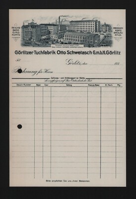 GÖRLITZ, invoice sheet 1930, Otto Schwetasch GmbH Görlitzer cloth factory