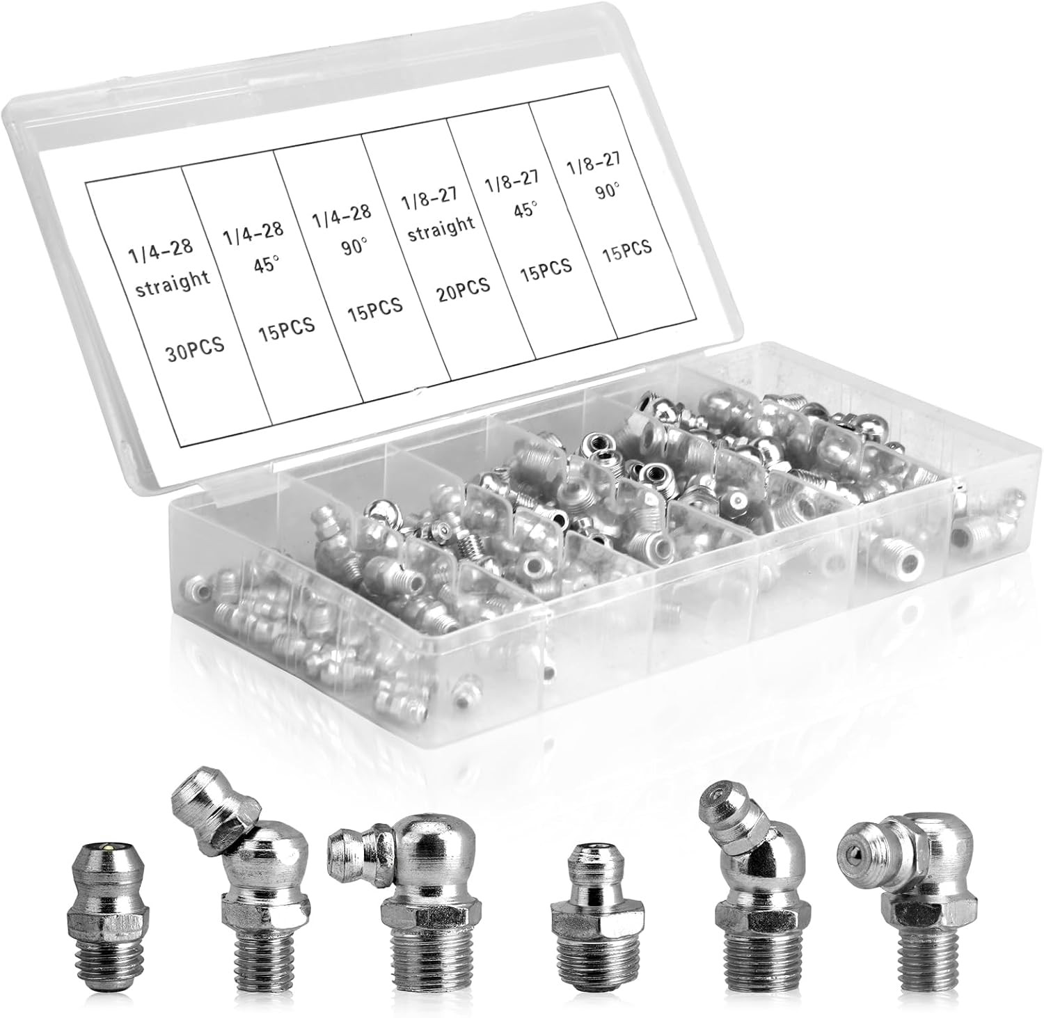 110Pcs Grease Fittings Kit, SAE Grease Fitting Assortment: 1/4" 1/8" Straight 45