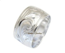 925 STERLING SILVER HAWAIIAN PLUMERIA SCROLL ENGRAVED 12MM SMOOTH EDGE BAND RING
