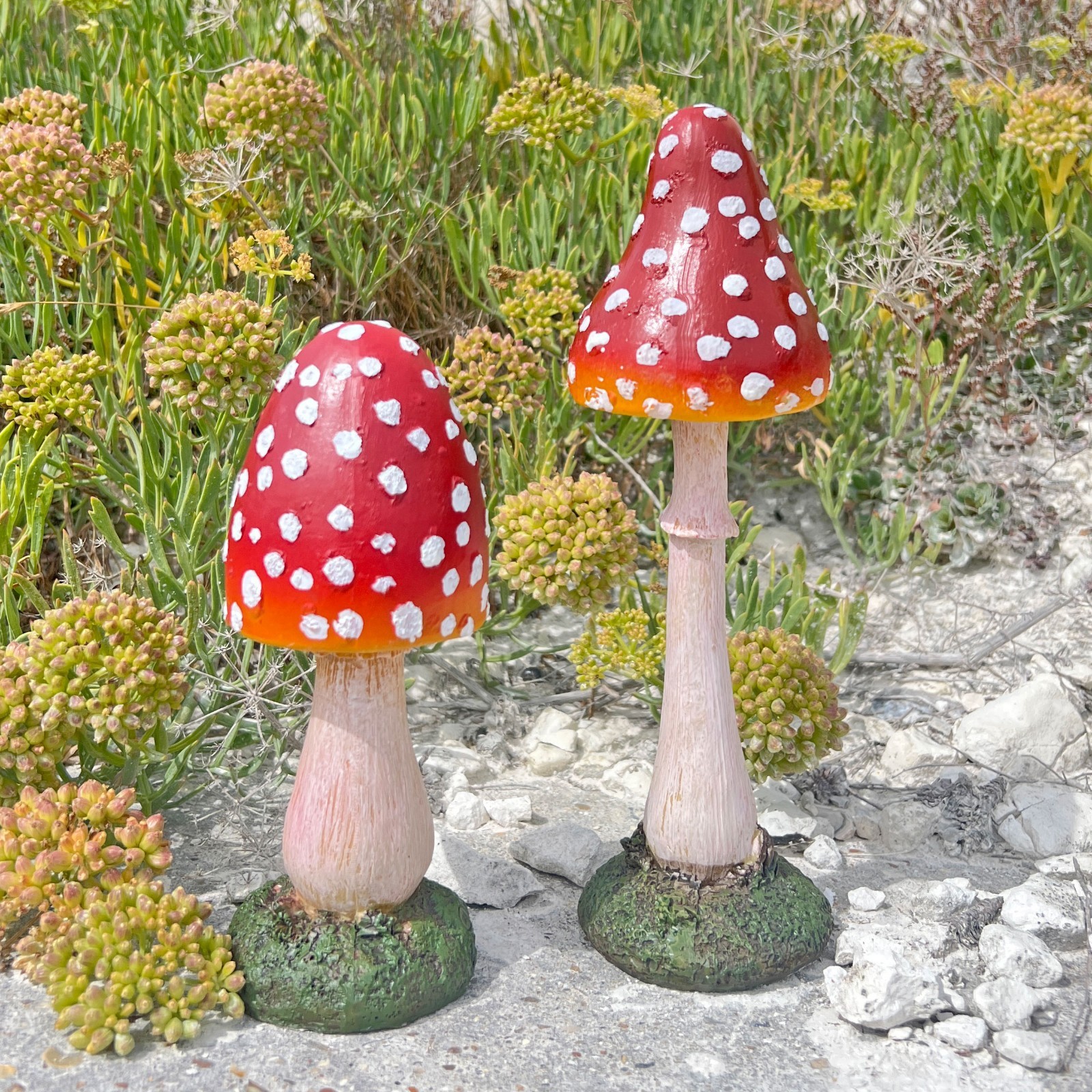Pair of Garden Mushroom Ornaments Pointed Red Cap Fairy Outdoor Toadstools