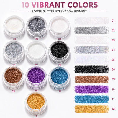 10 Color Loose Eyeshadow Pigment Powder Set Metallic Shimmer Glitter Makeup