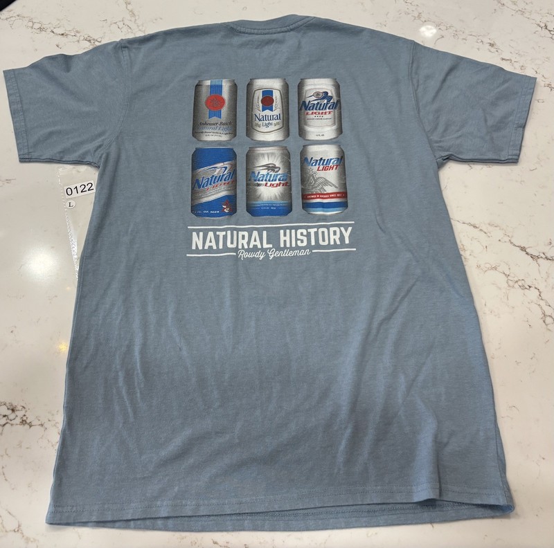 Natural History Beer T Shirt Natural Light Mens Blue. Small. Front Pocket