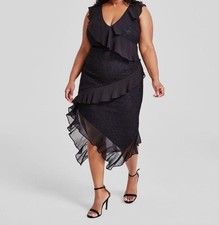 Tommy Hilfiger Women's Black Lace V Neck Ruffle-Trim Midi Dress Plus Size 14W