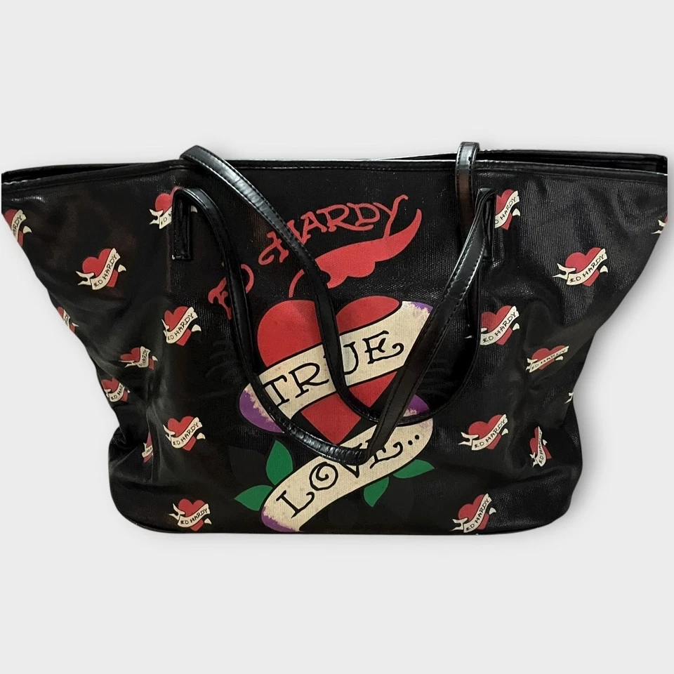 Bolsa tote Ed Hardy vintage preta tatuagem coração amor verdadeiro bolsa de ombro gráfica rara - Imagem 3 de 4