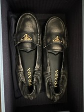 Prada Women  s Black Nappa Leather Loafers Flats Size 38 Gold Logo