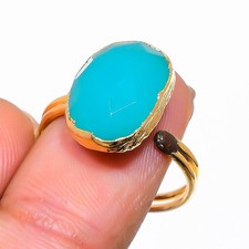 Ring Aqua Chalcedony Gemstone 925 Sterling Silver Jewelry Size Adjustable c202
