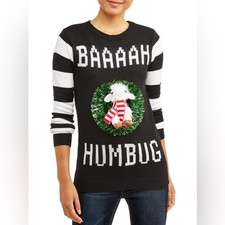 No Boundaries Black 'Baaah Humbug' Ugly Christmas Sweater Juniors XL 15-17 A7 
