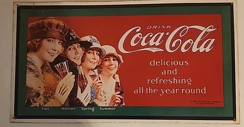 Vintage 1993 Coca-Cola Coke Tin Metal Wall Soda Sign Ladies Seasons 17.5" x 9.5"