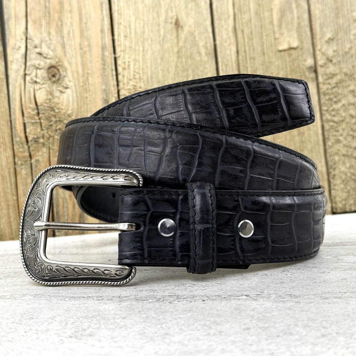 Vera Pelle Authentic Leather Metal Stone Croc Belt‎ Men main image 3