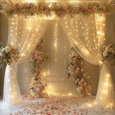 Sheer Curtains with Lights String Champagne Tulle Curtain for Living Room Bed...