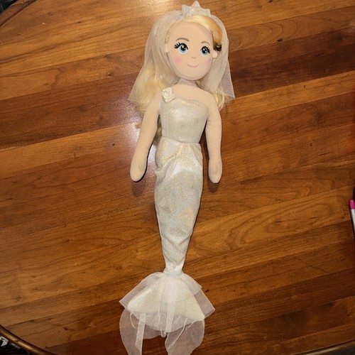 Aurora Plush Mermaid Doll Sparkly Silver Wedding Dress Tiara Veil Kids Toy
