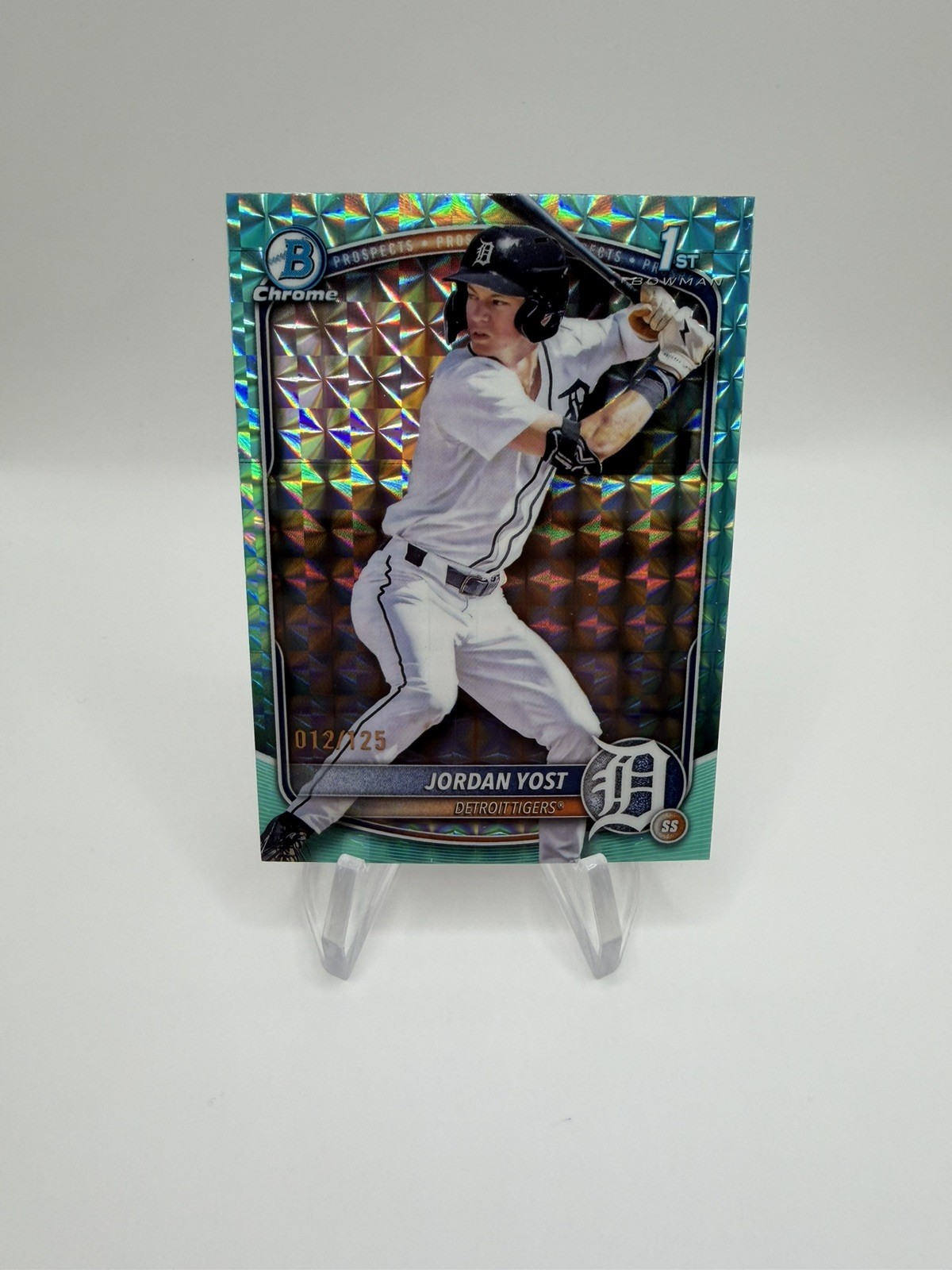 2025 Bowman Draft Jordan Yost Chrome Aqua Geometric Refractor 1st #/125 Tigers